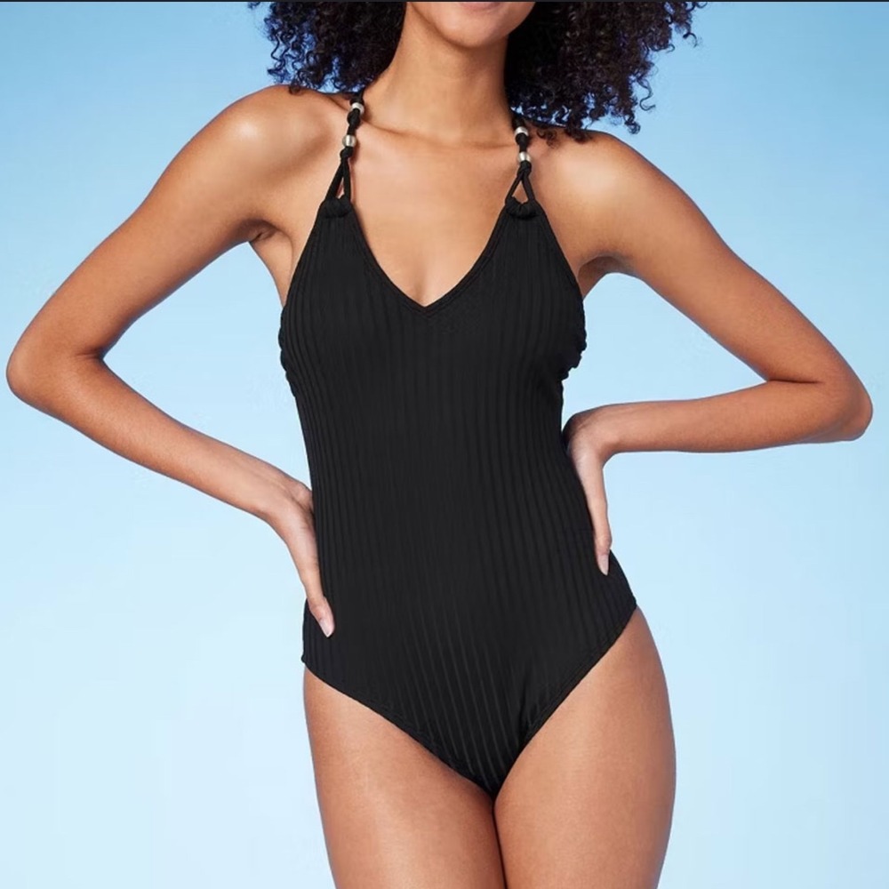 Shade & Shore Black Ribbed V-Neck Tie Back Halter One Piece Swimsuit NWOT